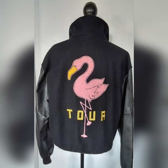 VINTAGE 1990 PINK FLAMINGO LEATHER BOMBER JACKET S - Picture 4 of 10